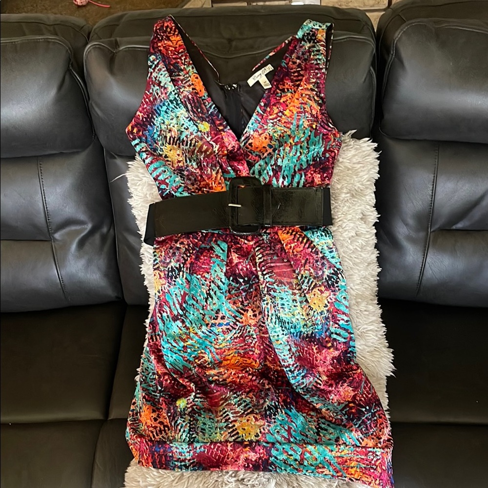 Multicolor Sleeveless Dress with Pockets and Belt